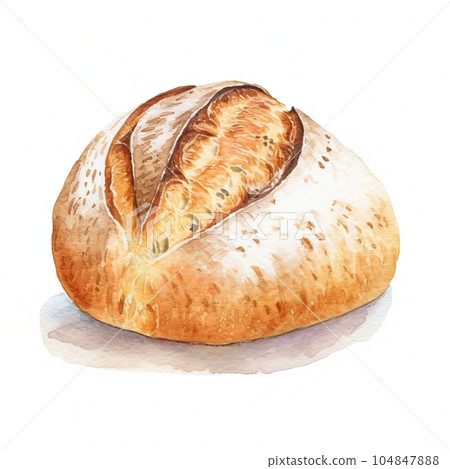 Freshly Baked Sourdough Bread Background, Square Watercolor Illustration. Crusty Pastry, Gourmet Bakery. Ai Generated Soft Colored Watercolor Illustration with Aromatic Traditional Sourdough Bread. 104847888