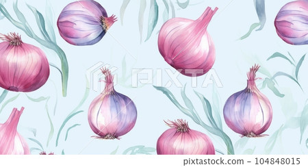 Fresh Organic Shallot Vegetable Background, Horizontal Watercolor Illustration. Healthy Vegetarian Diet. Ai Generated Soft Colored Watercolor Illustration with Delicious Juicy Shallot Vegetable. 104848015