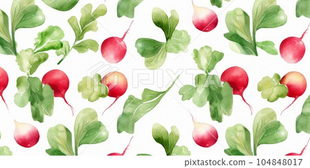 Fresh Organic Radish Vegetable Background, Horizontal Watercolor Illustration. Healthy Vegetarian Diet. Ai Generated Soft Colored Watercolor Illustration with Delicious Juicy Radish Vegetable. 104848017