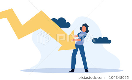 Businesswoman bankrupt recession loss business vector concept illustration. Woman pushed red arrow downward. Failure pressure market cut crisis. Economy debt fall rate. Risk investment currency price Businesswoman bankrupt recession loss business vector concept illustration. Woman pushed red arrow downward. Failure pressure market cut crisis. Economy debt fall rate. Risk investment currency price 104848035