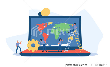 Business global earth vector map concept with laptop. PC consulting idea world. Man and woman group illustration team cartoon. International planet network worldwide. Internet partnership success Business global earth vector map concept with laptop. PC consulting idea world. Man and woman group illustration team cartoon. International planet network worldwide. Internet partnership success 104848036