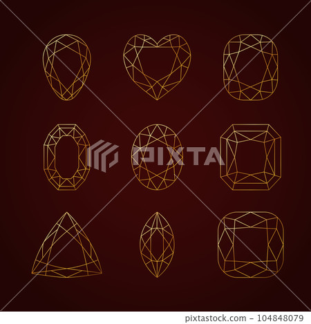 Collection of nine beautiful linear gemstones in gold color on a dark background. 104848079
