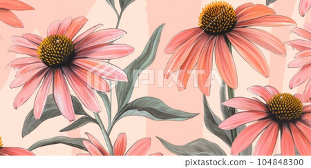 Aromatic Echinacea Herbs Background, Horizontal Watercolor Illustration. Healthy Vegetarian Diet. Ai Generated Soft Colored Watercolor Illustration with Delicious Aromatic Echinacea Herbs. 104848300