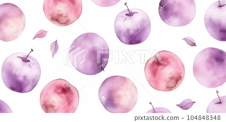 Fresh Organic Plum Fruit Background, Horizontal Watercolor Illustration. Healthy Vegetarian Diet. Ai Generated Soft Colored Watercolor Illustration with Delicious Juicy Plum Fruit. 104848348