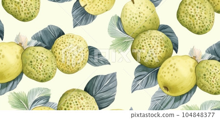 Fresh Organic Breadfruit Fruit Background, Horizontal Watercolor Illustration. Healthy Vegetarian Diet. Ai Generated Soft Colored Watercolor Illustration with Delicious Juicy Breadfruit Fruit. 104848377