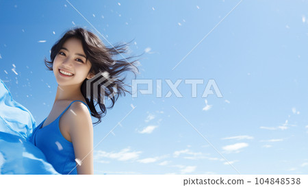 Female image of blue sky and UV protection (AI generation) 104848538