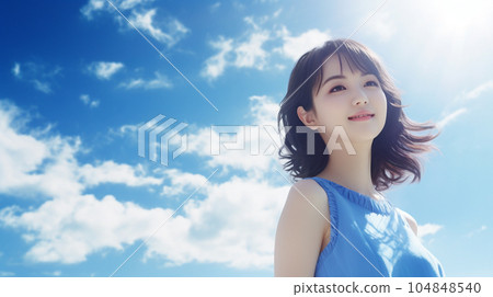 Female image of blue sky and UV protection (AI generation) 104848540