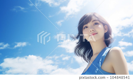 Female image of blue sky and UV protection (AI generation) 104848541