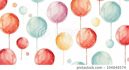 Sweet Lollipop Candy Background, Horizontal Watercolor Illustration. Sweet Dessert From Confectionery. Ai Generated Soft Colored Watercolor Illustration with Delicious Flavory Lollipop Candy. 104848574