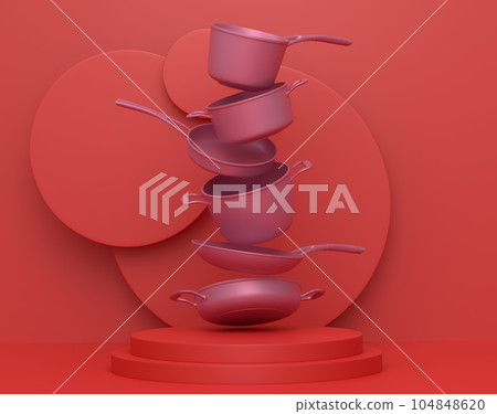 Abstract scene or podium with stewpot and frying pans on monochrome. Abstract scene or podium with stewpot and frying pans on monochrome. 104848620