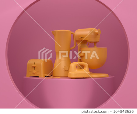 Abstract scene or podium with kitchen appliances and utensils on monochrome. 104848626