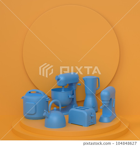 Abstract scene or podium with kitchen appliances and utensils on monochrome. Abstract scene or podium with kitchen appliances and utensils on monochrome. 104848627