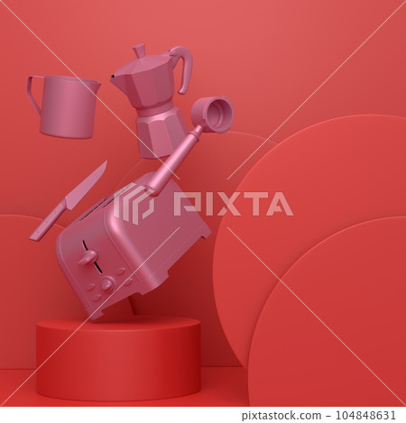 Abstract scene or podium with kitchen appliances and utensils on monochrome. 104848631