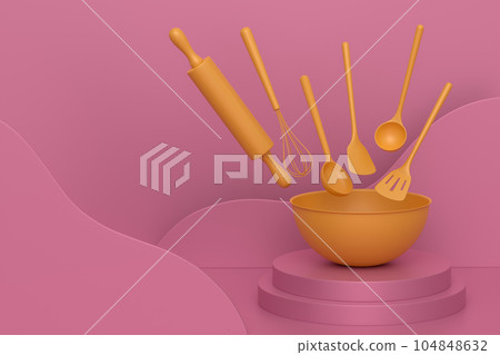 Abstract scene or podium with bowl and kitchen utensil on monochrome. 104848632