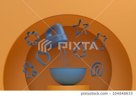 Abstract scene or podium with bowl and kitchen utensil on monochrome. 104848633