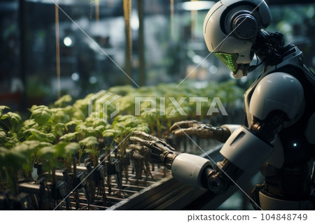 The robot grows vegetables in a modern futuristic greenhouse. generative AI 104848749