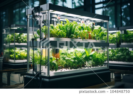 Modern robotic greenhouse for growing vegetables. generative AI 104848750