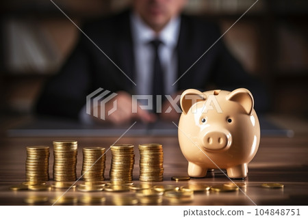 Stacks of coins and a piggy bank on the table at which the banker sits. The concept of personal savings in the bank. generative AI Stacks of coins and a piggy bank on the table at which the banker sits. The concept of personal savings in the bank. generative AI 104848751