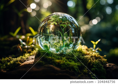 A crystal ball with plants inside lies on the grass in a summer forest. Environment concept. generative AI A crystal ball with plants inside lies on the grass in a summer forest. Environment concept. generative AI 104848756
