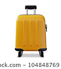 Realistic 3d yellow plastic travel suitcase with wheels. Vacation accessory. 104848769