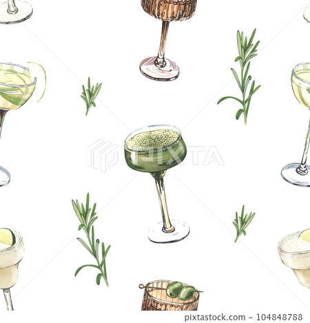 Watercolor seamless pattern, cocktail glasses: matcha martini, margarita. Hand-drawn illustration isolated on white background. Perfect for recipe lists with alcoholic drinks, for cafe Watercolor seamless pattern, cocktail glasses: matcha martini, margarita. Hand-drawn illustration isolated on white background. Perfect for recipe lists with alcoholic drinks, for cafe 104848788