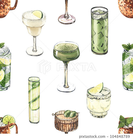Watercolor seamless pattern, cocktail glasses: mojito, lime, matcha, cucumber. Hand-drawn illustration isolated on white background. Perfect for recipe lists with alcoholic drinks, for cafe Watercolor seamless pattern, cocktail glasses: mojito, lime, matcha, cucumber. Hand-drawn illustration isolated on white background. Perfect for recipe lists with alcoholic drinks, for cafe 104848789