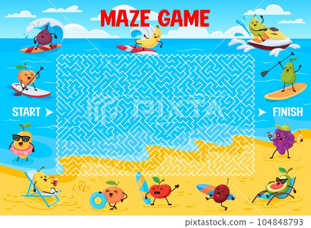 Labyrinth maze game. Cartoon funny fruits on summer beach vacation. Kids find way puzzle vector worksheet with fig, peach, banana, guava and grape, mango cute character surfing and sunbathing on beach Labyrinth maze game. Cartoon funny fruits on summer beach vacation. Kids find way puzzle vector worksheet with fig, peach, banana, guava and grape, mango cute character surfing and sunbathing on beach 104848793