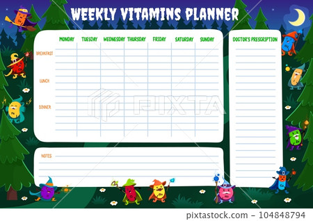 Weekly vitamins planner. Cartoon mineral and micronutrient wizards in Halloween forest. Vector supplement organizer template with Se, K, Fe or P, Cl or Mn. Na, Cu, Zn, I and Mg warlock characters Weekly vitamins planner. Cartoon mineral and micronutrient wizards in Halloween forest. Vector supplement organizer template with Se, K, Fe or P, Cl or Mn. Na, Cu, Zn, I and Mg warlock characters 104848794