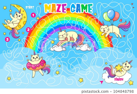 Labyrinth maze. Help cute caticorn cat to find friends, kids game quiz. Cartoon funny unicorn kitty characters vector puzzle worksheet with labyrinth on sky background, rainbows, balloons and stars 104848798