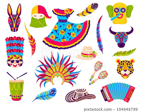 Barranquilla carnival holiday objects for folkloric celebration party. Vector traditional costumes, feathers, crown, dress, hats, animal masks, maracas, accordion and drums isolated icons set Barranquilla carnival holiday objects for folkloric celebration party. Vector traditional costumes, feathers, crown, dress, hats, animal masks, maracas, accordion and drums isolated icons set 104848799