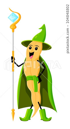 Cartoon soy bean pod mage character. Isolated vector funny Halloween legume veg, blithe wizard with magic staff ready to cast sorcery spell. Comic Hallowmas joyous vegetable personage in green cape 104848802