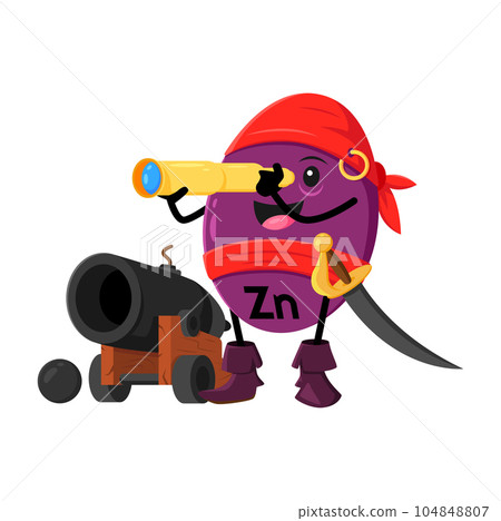 Cartoon vitamin and Zn micronutrient pirate or corsair character. Food supplement capsule, healthy nutrition mineral tablet or vitamin dragee buccaneer cheerful vector personage looking in spyglass 104848807
