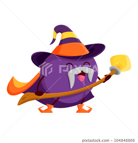 Cartoon plum fruit wizard or magician character. Vector funny damson necromancer wear enchanter hat casting spell with magic staff. Funny mustached wiz, conjurer, sorcerer or fascinator personage 104848808