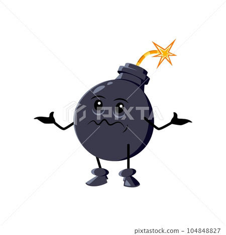 Cartoon shrug bomb character, explosive weapon personage with sparkling wick or fuse. Isolated vector quirky, comical, explosive figure expressing uncertainty, ambiguity or indifference emotions Cartoon shrug bomb character, explosive weapon personage with sparkling wick or fuse. Isolated vector quirky, comical, explosive figure expressing uncertainty, ambiguity or indifference emotions 104848827