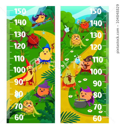 Kids height chart measure ruler with cartoon Halloween fruit wizards and mages. Vector growth meter with peach, banana, pineapple and garnet, orange with quince, apple, pear and mango wall scale Kids height chart measure ruler with cartoon Halloween fruit wizards and mages. Vector growth meter with peach, banana, pineapple and garnet, orange with quince, apple, pear and mango wall scale 104848829