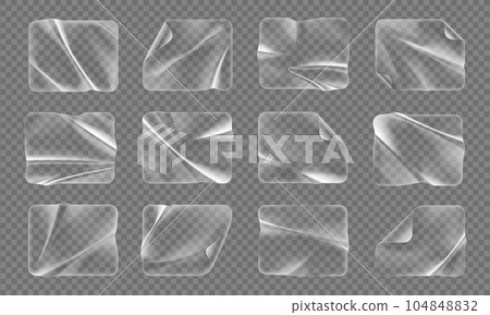 Transparent rectangle plastic patch stickers, overlay adhesive sticker realistic 3d vector mockup. Clear shrunken decals with rectangular shape. Durable, versatile, and easy to apply set of pvc labels Transparent rectangle plastic patch stickers, overlay adhesive sticker realistic 3d vector mockup. Clear shrunken decals with rectangular shape. Durable, versatile, and easy to apply set of pvc labels 104848832