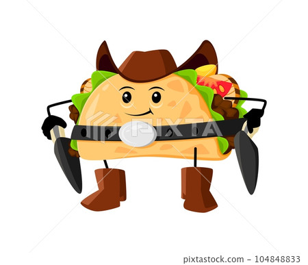 Cartoon taco cowboy, sheriff, bandit and robber or ranger tex mex mexican food character. Isolated vector rugged and daring Wild West personage wear hat and boots, armed with guns ready for adventure 104848833