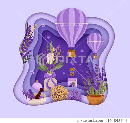 Lavender paper cut banner with hot air balloon and cosmetics. Vector bouquets of purple lavender flowers, provence herbs and plants in lilac frame of 3d wavy layers with candle and essential oil Lavender paper cut banner with hot air balloon and cosmetics. Vector bouquets of purple lavender flowers, provence herbs and plants in lilac frame of 3d wavy layers with candle and essential oil 104848844
