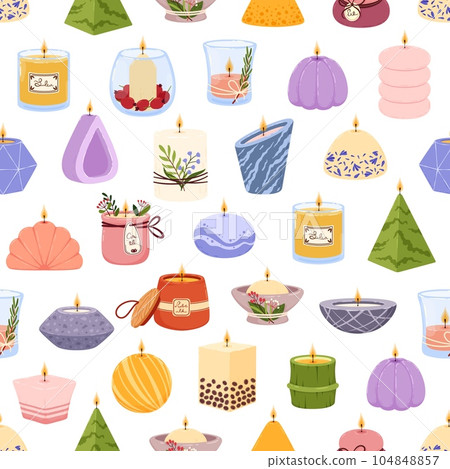 Aromatic SPA candles, seamless pattern background, vector aroma scented lights. SPA candles and aromatherapy tealights and candlesticks pattern of aroma wax candles and fragrance candlelight 104848857