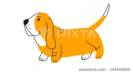Cute dog dachshund doodle, smiling canine adorable dog portrait. Vector cartoon puppy animal. German badger-dog funny pet animal 104848869