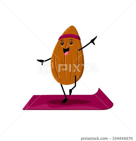 Cartoon almond nut character on yoga fitness sport. Vector happy seed personage stand in asana pose on mat. Isolated whole peeled kernel yogi natural food practice sports class and healthy lifestyle 104848870