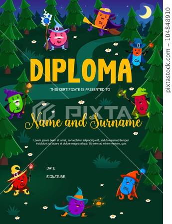 Kids diploma, cartoon mineral and micronutrient wizards. Education school or kindergarten vector certificate with Ca, Zn, NA and Se, Cu or Cl, Mg and P micronutrient capsules in night Halloween forest 104848910