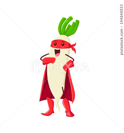 Cartoon cheerful daikon radish vegetable superhero character. Farm veggie strong warrior or defender isolated vector comical mascot. Radish superhero funny personage standing in hero red costume Cartoon cheerful daikon radish vegetable superhero character. Farm veggie strong warrior or defender isolated vector comical mascot. Radish superhero funny personage standing in hero red costume 104848933