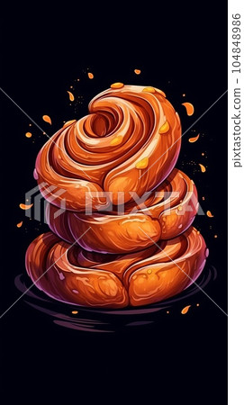 Freshly Baked Danish Pastry On Dark Background, Vertical Trendy Illustration. Crusty Pastry, Gourmet Bakery. Ai Generated Bright Trendy Illustration with Aromatic Traditional Danish Pastry. 104848986