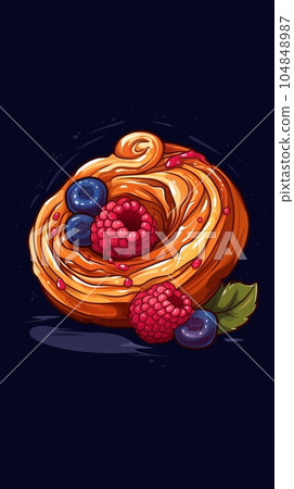 Freshly Baked Danish Pastry On Dark Background, Vertical Trendy Illustration. Crusty Pastry, Gourmet Bakery. Ai Generated Bright Trendy Illustration with Aromatic Traditional Danish Pastry. 104848987