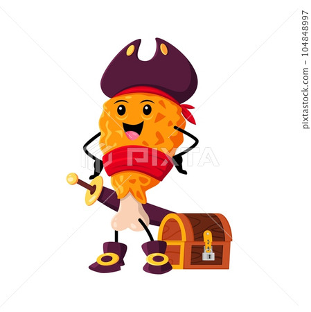 Cartoon fast food chicken nugget pirate and corsair character. Takeaway food menu meal buccaneer comical personage, fast food cafe chicken leg corsair isolated vector funny mascot with treasure chest 104848997