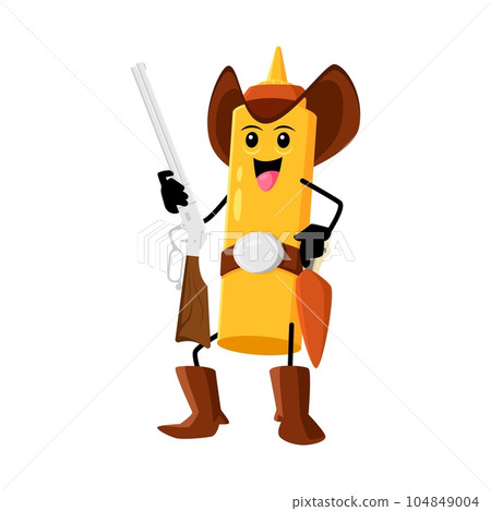 Cartoon fast food mustard cowboy, bandit character. Street food spice sauce western sheriff childish mascot, mustard bottle Texas ranger or Wild West bandit isolated vector cute personage with rifle 104849004