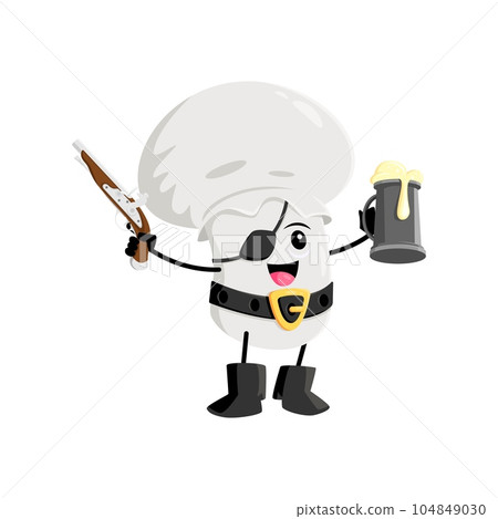 Cartoon champignon mushroom pirate and corsair vegetable character. Isolated vector mischievous fungus personage armed with a beer tankard and gun, ready for a whimsical adventure on land and sea Cartoon champignon mushroom pirate and corsair vegetable character. Isolated vector mischievous fungus personage armed with a beer tankard and gun, ready for a whimsical adventure on land and sea 104849030
