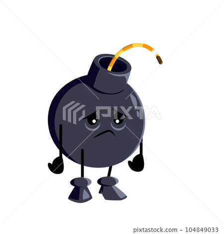 Cartoon sad bomb character, explosive weapon personage with extinguished wick or fuse express feeling of disappointment and failure as if it missed its chance to explode. Isolated vector unhappy emoji Cartoon sad bomb character, explosive weapon personage with extinguished wick or fuse express feeling of disappointment and failure as if it missed its chance to explode. Isolated vector unhappy emoji 104849033