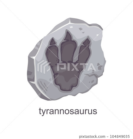 Tyrannosaurus dinosaur footprint fossil, archaeology and paleontology finds. Isolated vector ancient reptile foot trail impression. Cartoon jurassic era museum item, dino animal paw print in stone Tyrannosaurus dinosaur footprint fossil, archaeology and paleontology finds. Isolated vector ancient reptile foot trail impression. Cartoon jurassic era museum item, dino animal paw print in stone 104849035